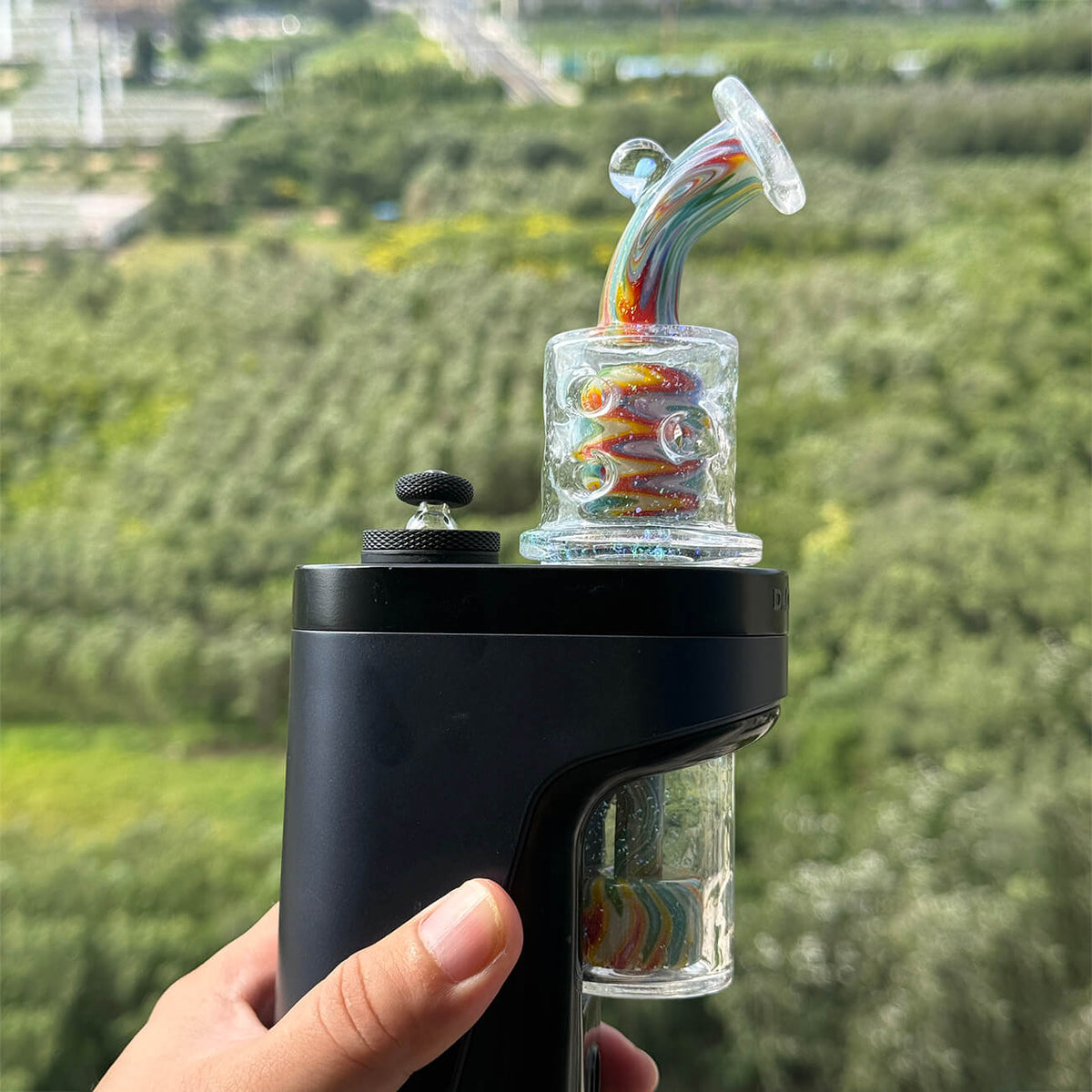 Hand‑blown wigwag crushed opal dual‑chamber dual showerhead perc glass set compatible with Dr. Dabber Switch 2, paired matching opal‑encased marble carb cap, heady borosilicate e‑rig accessory
