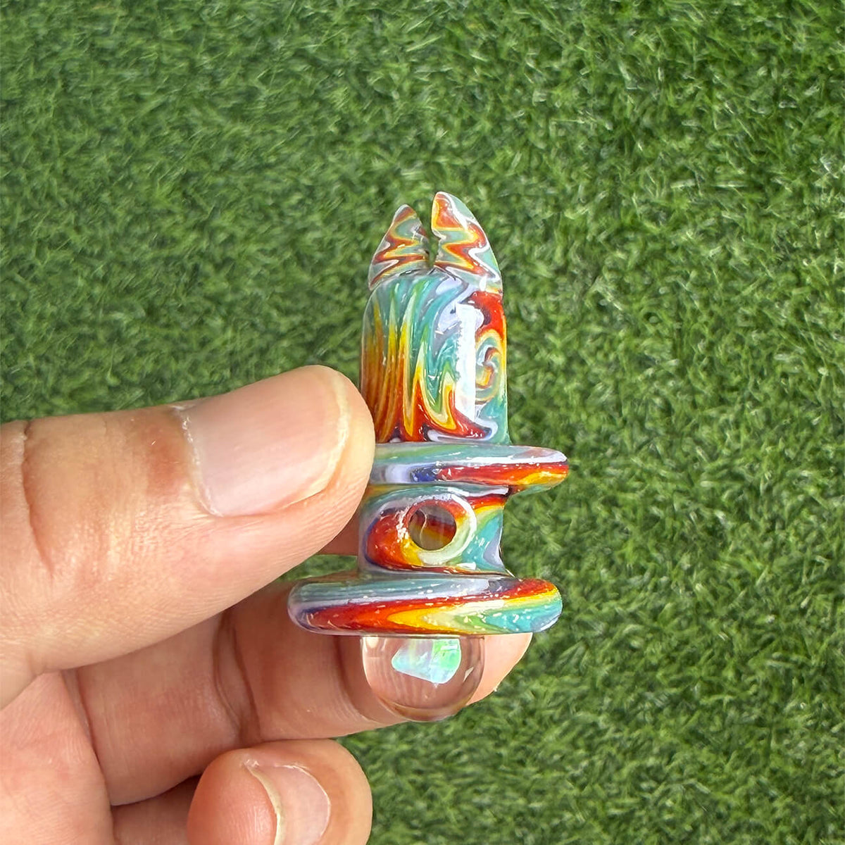 Hand‑blown wigwag crushed opal dual‑chamber dual showerhead perc glass set compatible with Dr. Dabber Switch 2, paired matching opal‑encased marble carb cap, heady borosilicate e‑rig accessory
