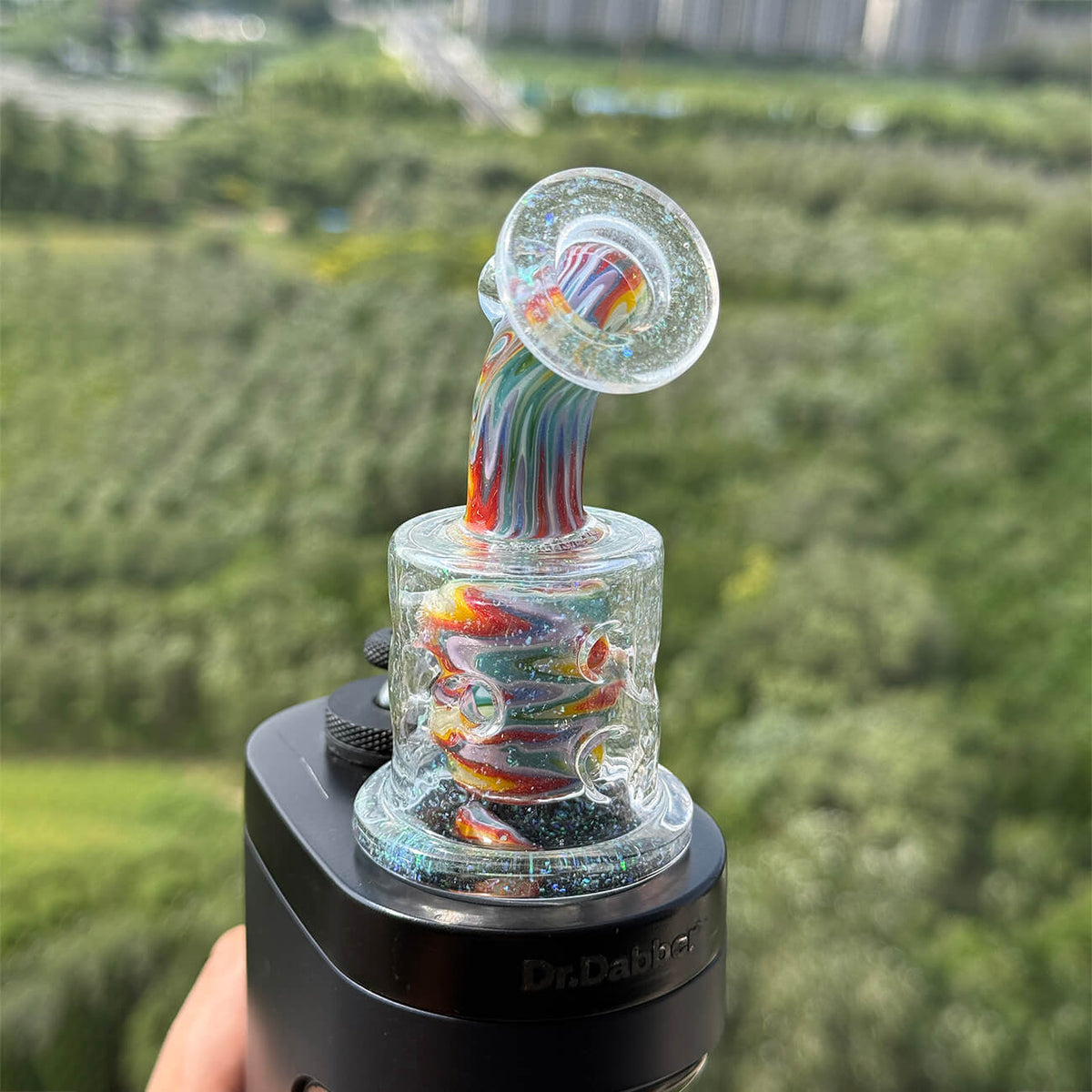 Hand‑blown wigwag crushed opal dual‑chamber dual showerhead perc glass set compatible with Dr. Dabber Switch 2, paired matching opal‑encased marble carb cap, heady borosilicate e‑rig accessory
