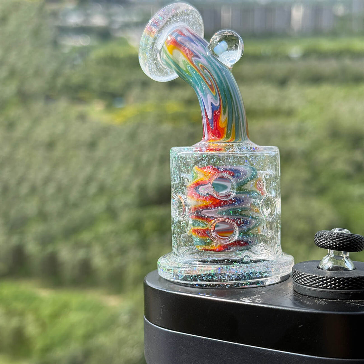 Hand‑blown wigwag crushed opal dual‑chamber dual showerhead perc glass set compatible with Dr. Dabber Switch 2, paired matching opal‑encased marble carb cap, heady borosilicate e‑rig accessory
