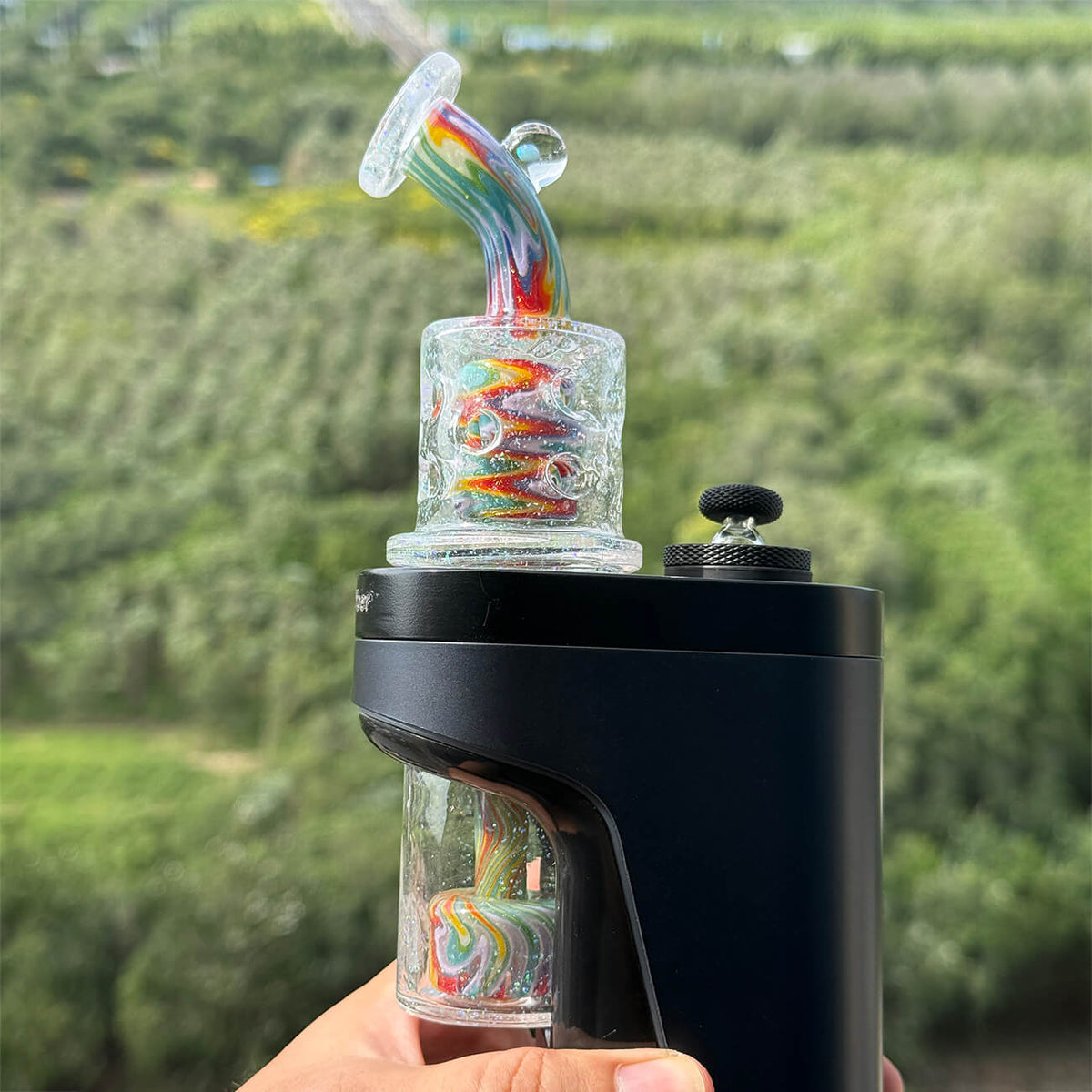 Hand‑blown wigwag crushed opal dual‑chamber dual showerhead perc glass set compatible with Dr. Dabber Switch 2, paired matching opal‑encased marble carb cap, heady borosilicate e‑rig accessory
