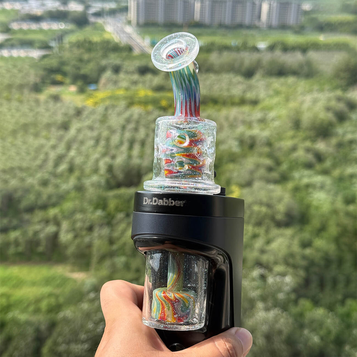 Hand‑blown wigwag crushed opal dual‑chamber dual showerhead perc glass set compatible with Dr. Dabber Switch 2, paired matching opal‑encased marble carb cap, heady borosilicate e‑rig accessory
