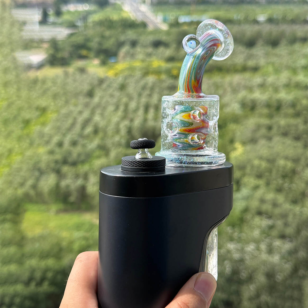Hand‑blown wigwag crushed opal dual‑chamber dual showerhead perc glass set compatible with Dr. Dabber Switch 2, paired matching opal‑encased marble carb cap, heady borosilicate e‑rig accessory
