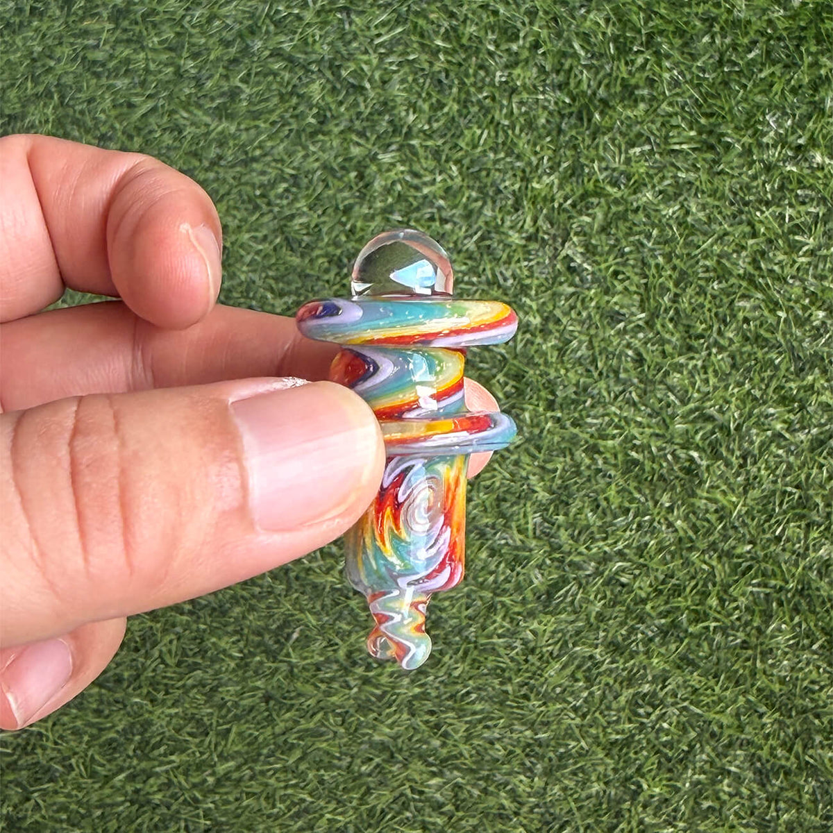 Hand‑blown wigwag crushed opal dual‑chamber dual showerhead perc glass set compatible with Dr. Dabber Switch 2, paired matching opal‑encased marble carb cap, heady borosilicate e‑rig accessory
