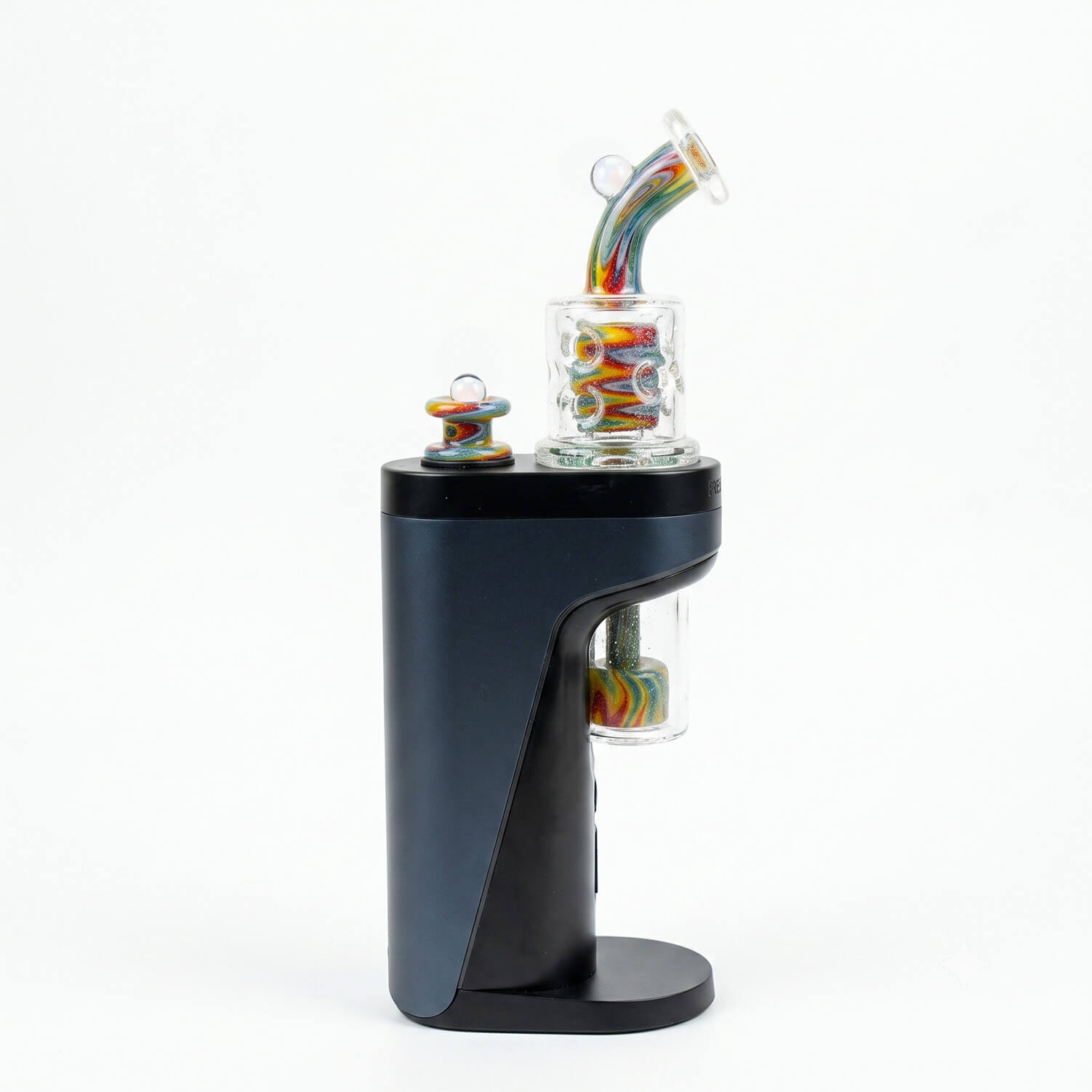 Hand‑blown wigwag crushed opal dual‑chamber dual showerhead perc glass set compatible with Dr. Dabber Switch 2, paired matching opal‑encased marble carb cap, heady borosilicate e‑rig accessory
