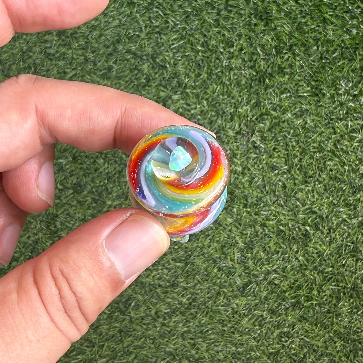 Hand‑blown wigwag crushed opal dual‑chamber dual showerhead perc glass set compatible with Dr. Dabber Switch 2, paired matching opal‑encased marble carb cap, heady borosilicate e‑rig accessory
