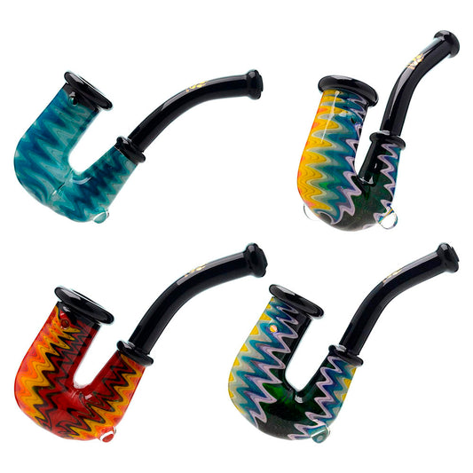 Handcrafted wigwag glass hand pipe with opal accent and sherlock style neck featuring vibrant rainbow reversals and thick borosilicate glass construction.