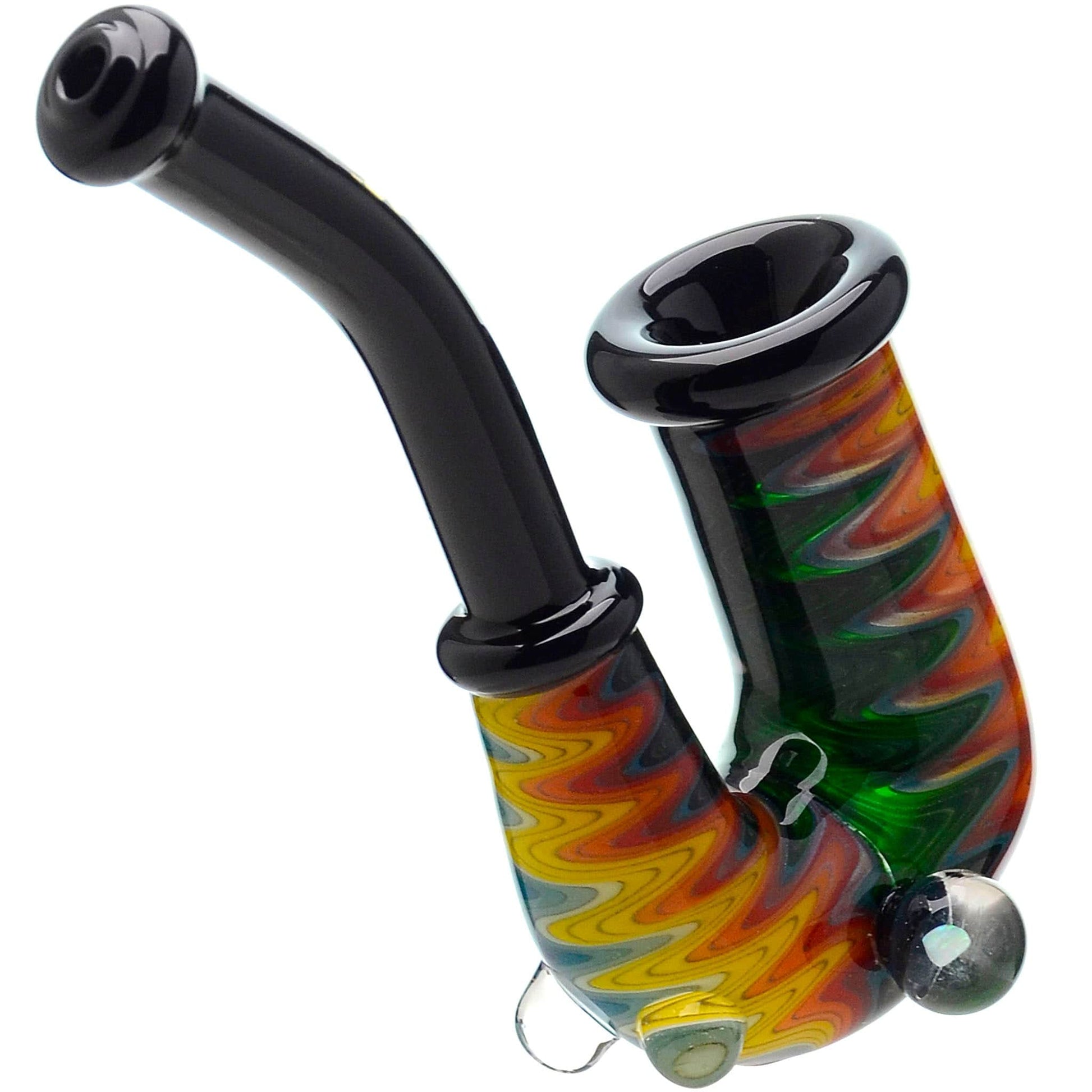 Handcrafted wigwag glass hand pipe with opal accent and sherlock style neck featuring vibrant rainbow reversals and thick borosilicate glass construction.