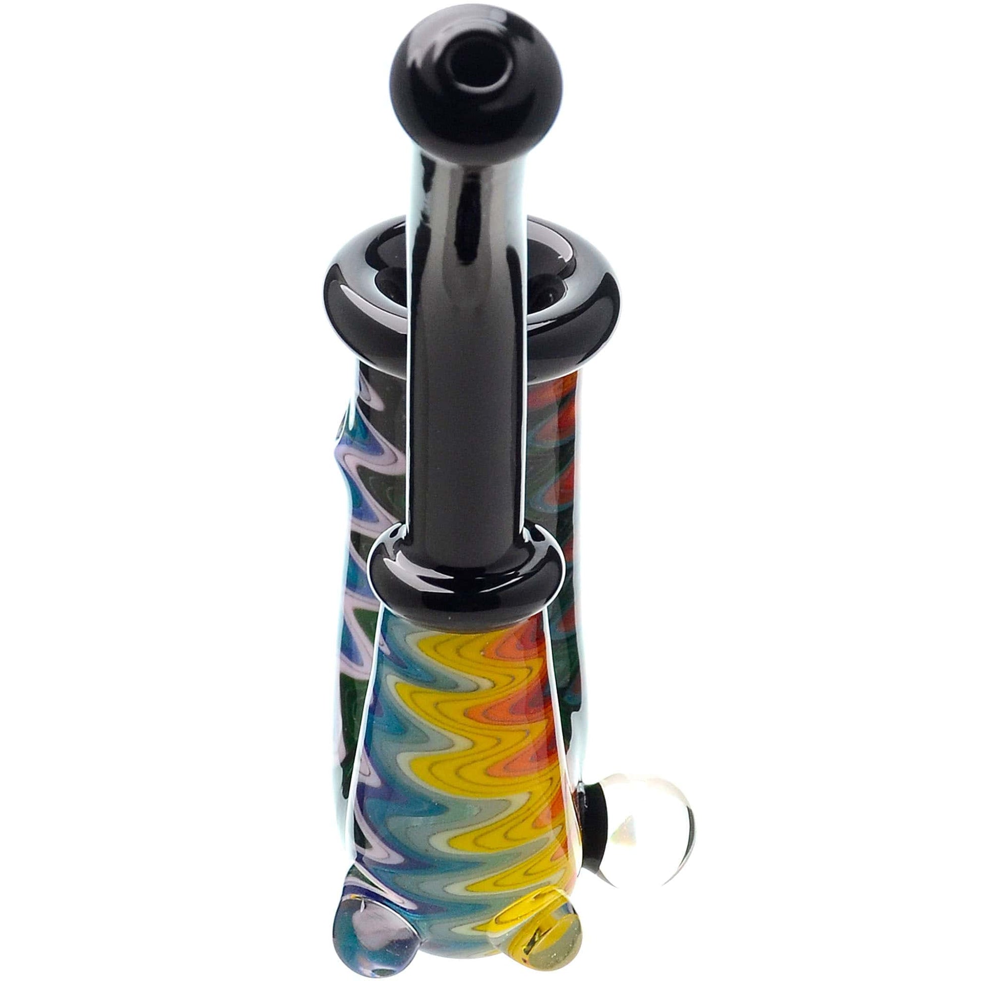 Handcrafted wigwag glass hand pipe with opal accent and sherlock style neck featuring vibrant rainbow reversals and thick borosilicate glass construction.