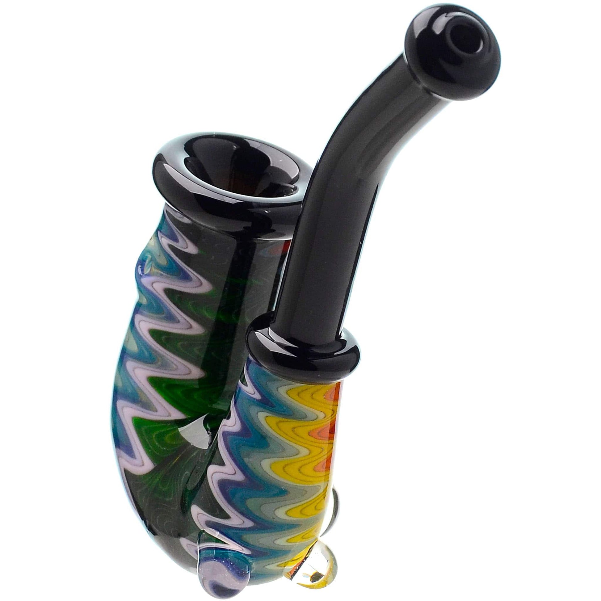 Handcrafted wigwag glass hand pipe with opal accent and sherlock style neck featuring vibrant rainbow reversals and thick borosilicate glass construction.