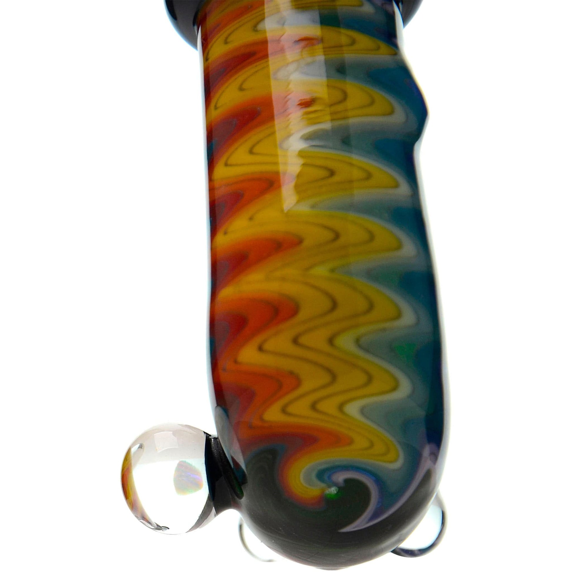 Handcrafted wigwag glass hand pipe with opal accent and sherlock style neck featuring vibrant rainbow reversals and thick borosilicate glass construction.