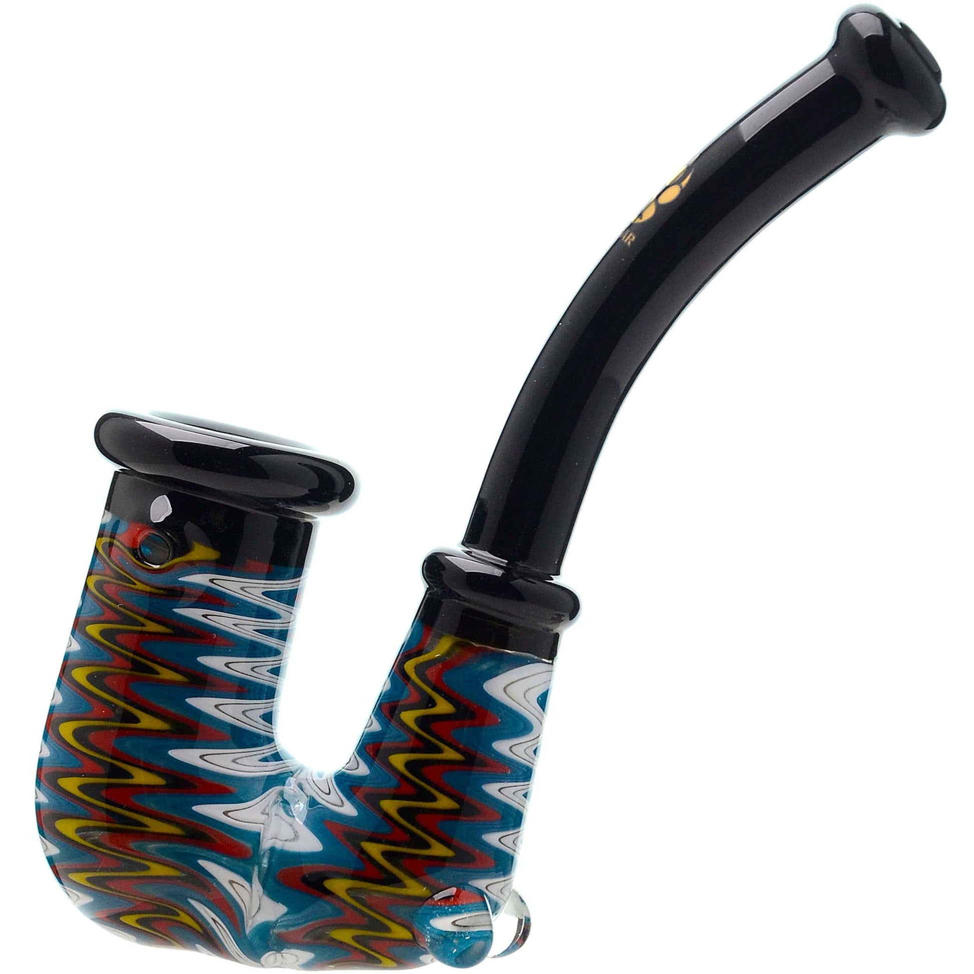 Handcrafted wigwag glass hand pipe with opal accent and sherlock style neck featuring vibrant rainbow reversals and thick borosilicate glass construction.