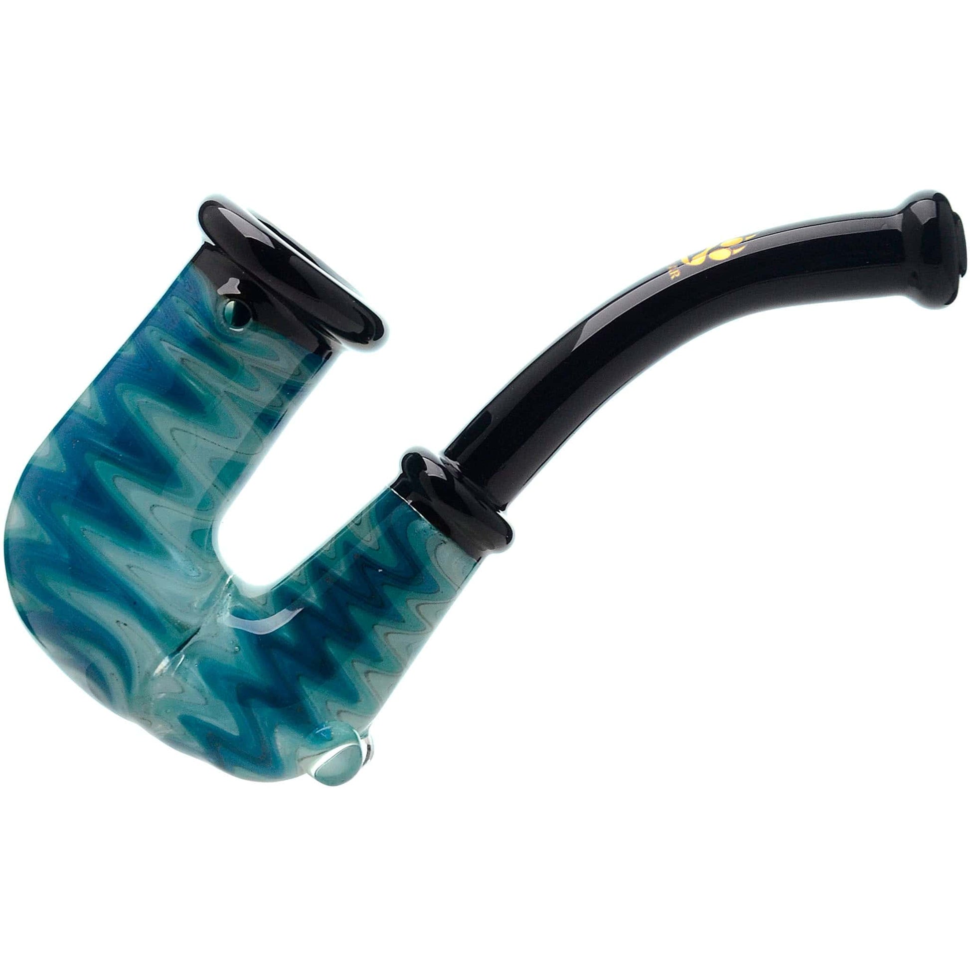 Handcrafted wigwag glass hand pipe with opal accent and sherlock style neck featuring vibrant rainbow reversals and thick borosilicate glass construction.
