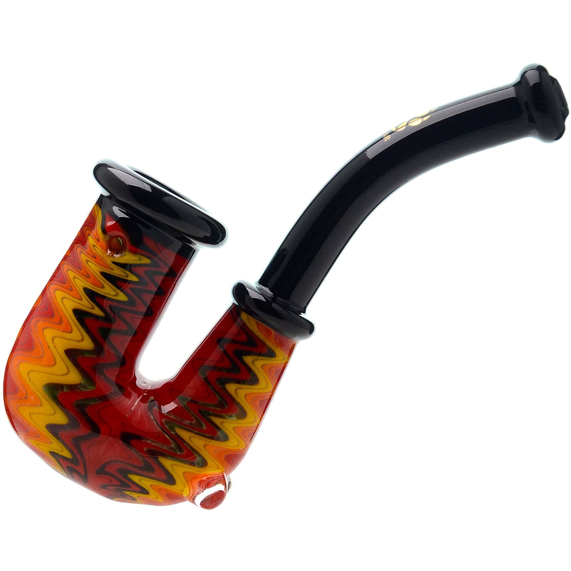 Handcrafted wigwag glass hand pipe with opal accent and sherlock style neck featuring vibrant rainbow reversals and thick borosilicate glass construction.