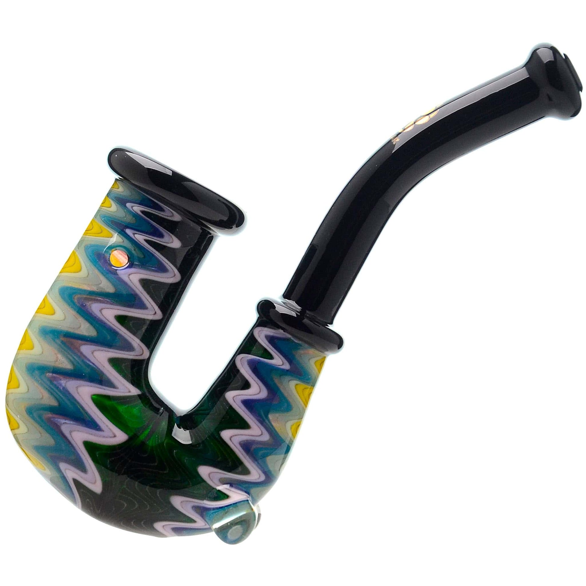 Handcrafted wigwag glass hand pipe with opal accent and sherlock style neck featuring vibrant rainbow reversals and thick borosilicate glass construction.