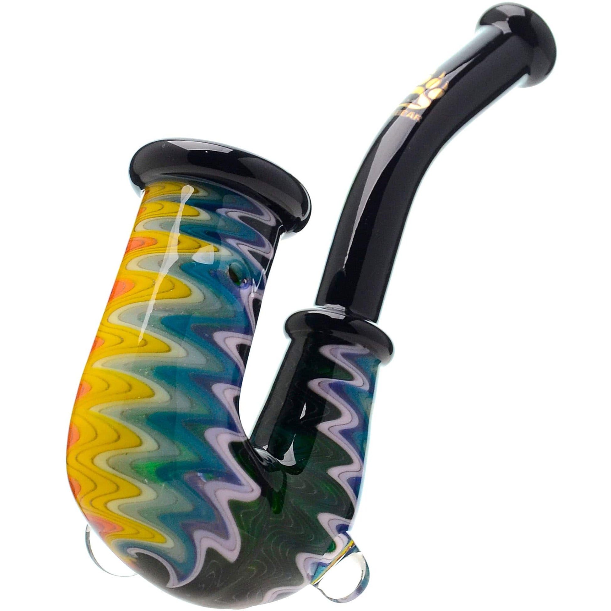 Handcrafted wigwag glass hand pipe with opal accent and sherlock style neck featuring vibrant rainbow reversals and thick borosilicate glass construction.