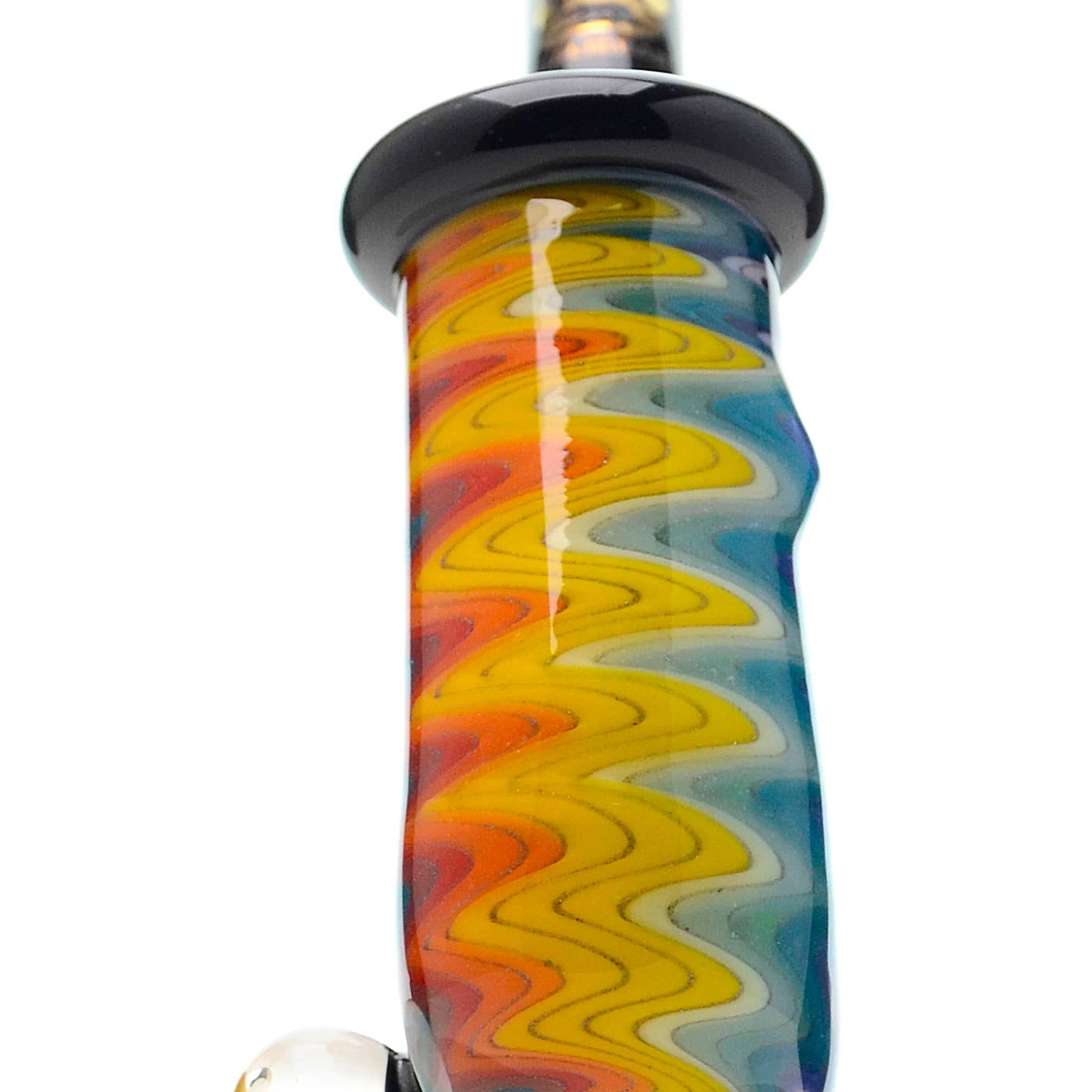 Handcrafted wigwag glass hand pipe with opal accent and sherlock style neck featuring vibrant rainbow reversals and thick borosilicate glass construction.