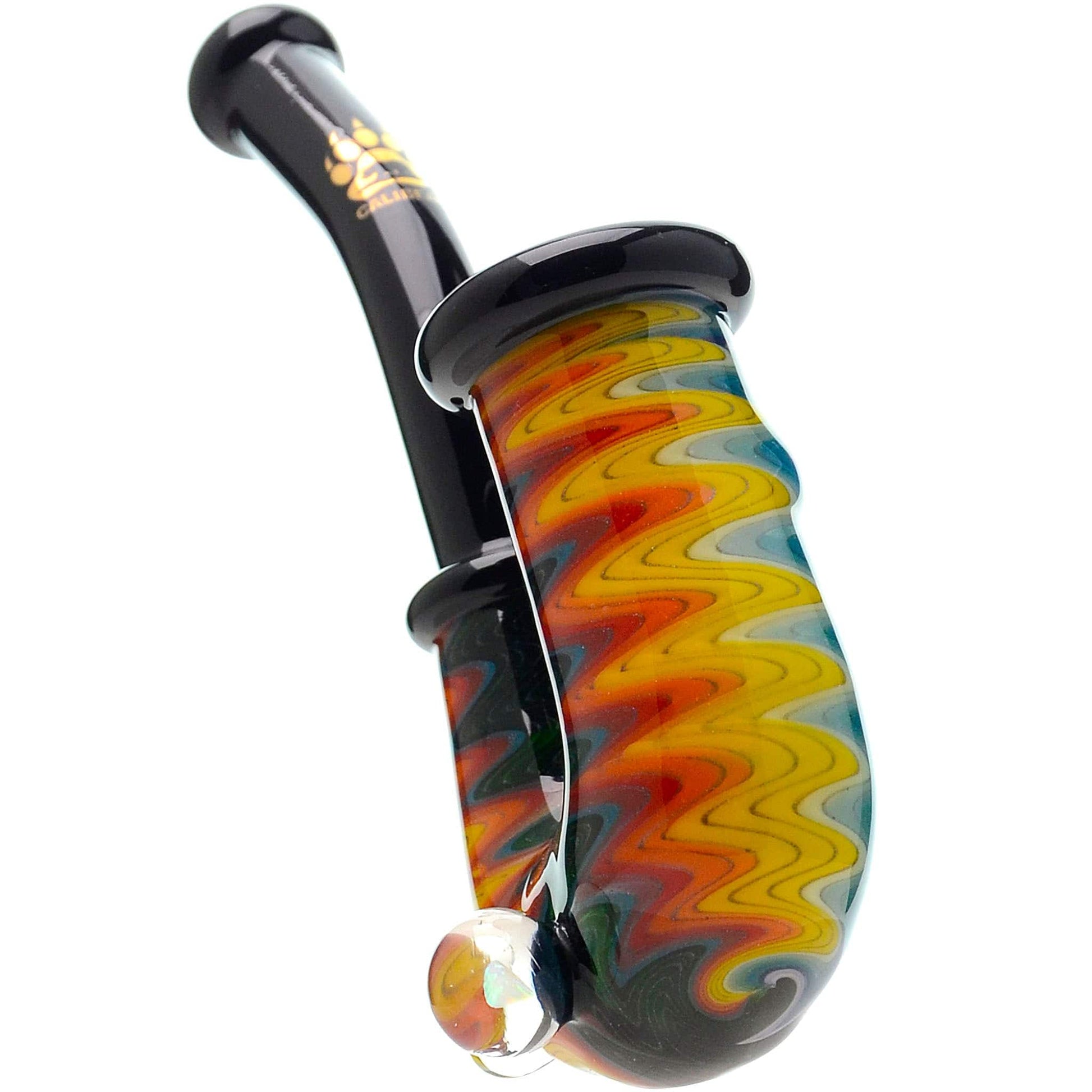 Handcrafted wigwag glass hand pipe with opal accent and sherlock style neck featuring vibrant rainbow reversals and thick borosilicate glass construction.