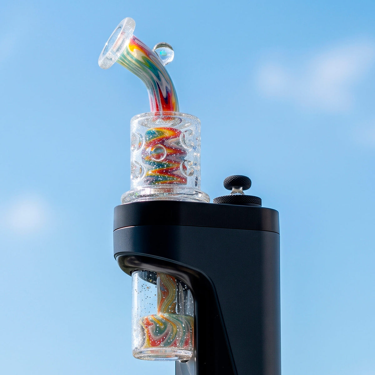 Hand‑blown wigwag crushed opal dual‑chamber dual showerhead perc glass set compatible with Dr. Dabber Switch 2, paired matching opal‑encased marble carb cap, heady borosilicate e‑rig accessory
