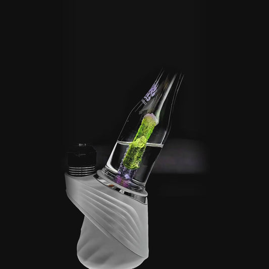 Calibear soda splash Puffco Peak glass attachment function video, featuring a clear borosilicate soda bottle silhouette, textured encased internal recycler loop, pinhole percolator, and Calibear paw logo print, standing 5.9 inches tall.