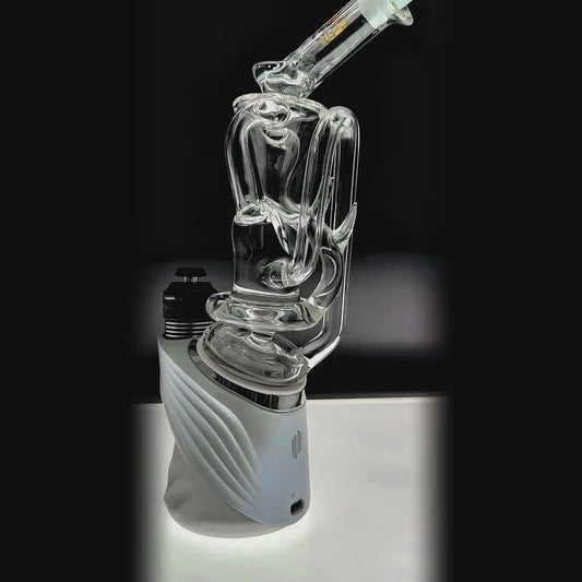 Multi-color recycler glass attachment for Puffco Peak OG & Pro function video by Calibear Glass, shown in yellow, green, teal, red, and amber, attached to a black Peak device.