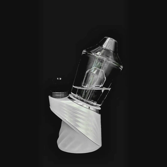 Calibear Glass Shaker Glass Attachment for Puffco Peak OG & Pro, shown attached to a black Peak device and standalone, featuring clear borosilicate glass and internal shaker design.