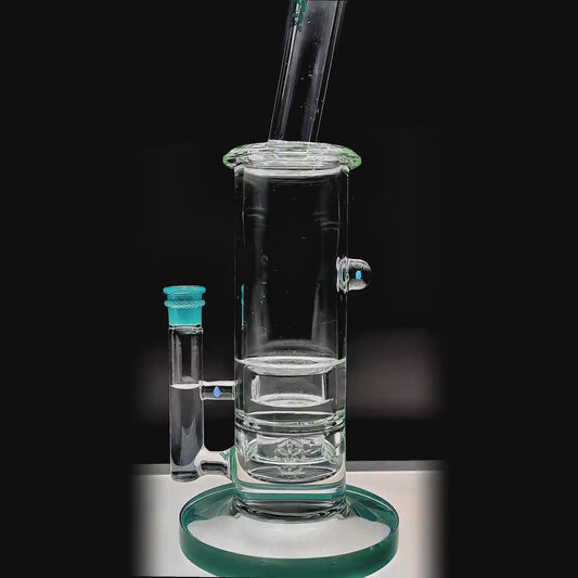 Calibear Colorful Glass Bong function video. Set in Blue, Orange, Green, and Yellow with dual percolators and angled neck.