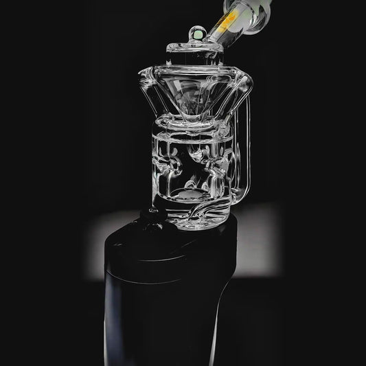 Straight Swiss Recycler Glass Attachment for Dr. Dabber Switch 2 function video by Calibear Glass, shown attached to a blue Switch 2 device and standalone, featuring clear borosilicate glass and intricate recycler pathways.