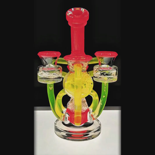 Calibear artistic recycler dab rig with encased opal and colorful multi-chamber borosilicate glass recycler design function video