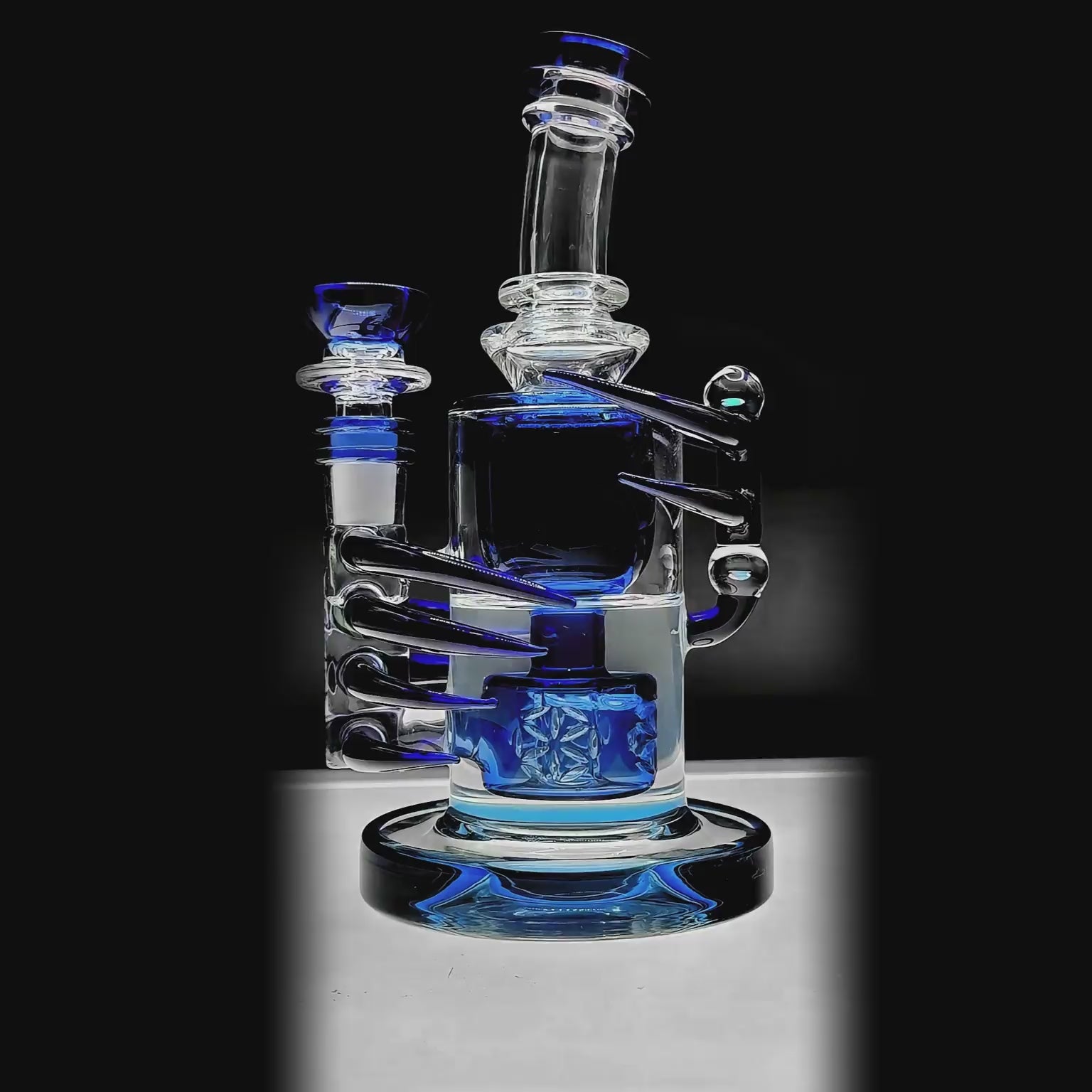 CaliBear Horn Torus dab rig function video, standing 7 inches tall with a skeleton claw recycler design and encased opal.