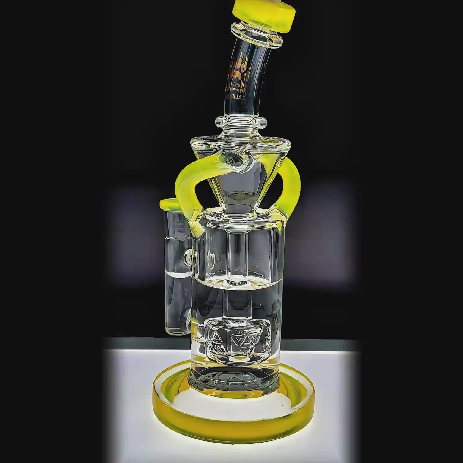 Calibear vortex turbo incycler glass bong with TRI-SEED perc function video, clear glass, 14.5mm joint, 8 inch with glow in the dark logo
