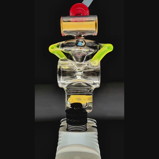 CaliBear Swiss Recycler glass attachment for Puffco Peak Pro with yellow and red accents and encased opal.