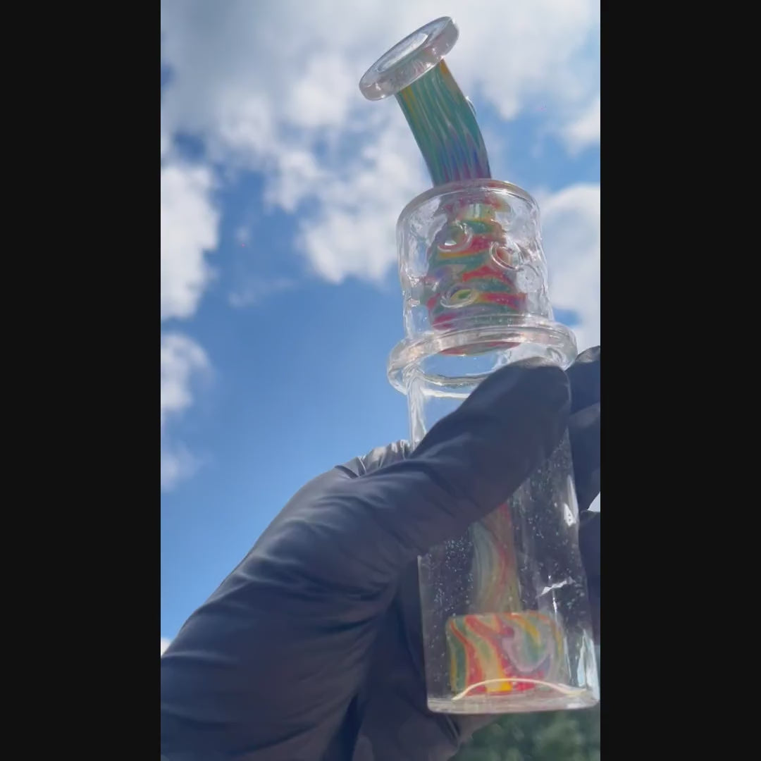 Hand‑blown wigwag crushed opal dual‑chamber dual showerhead perc glass set compatible with Dr. Dabber Switch 2, paired matching opal‑encased marble carb cap, heady borosilicate e‑rig accessory
