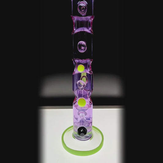 Calibear Colored Holed Straight Tube Water Pipe series function video. Available in Clear, Purple, Blue, and Black featuring honeycomb percolators and ergonomic grip holes.