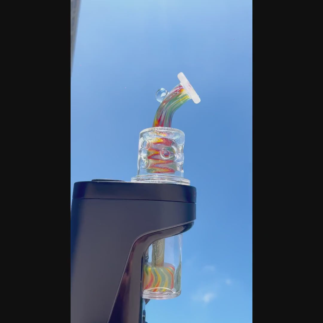 Hand‑blown wigwag crushed opal dual‑chamber dual showerhead perc glass set compatible with Dr. Dabber Switch 2, paired matching opal‑encased marble carb cap, heady borosilicate e‑rig accessory
