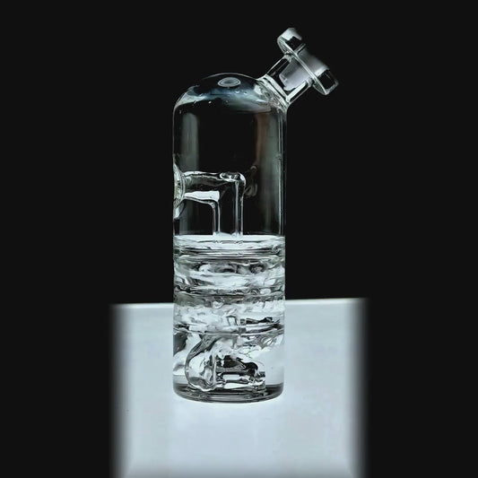 function video of Calibear Triple Splash Guard Glass Bubbler (Clear) for Dr. Dabber Switch Go, installed side view with angled mouthpiece and water filtration chamber