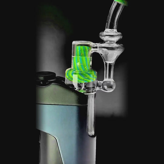 function video of Calibear borosilicate Dichro RBR recycler glass attachment shown standalone and mounted on a black Dr. Dabber Switch e-rig base.