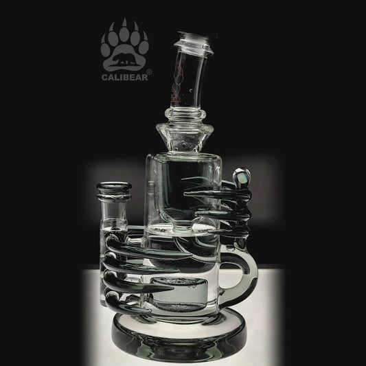 Function video of CaliBear Horn Klein Recycler Dab Rigs in purple green blue and black transparent glass with intricate horn accents and recycler chambers.