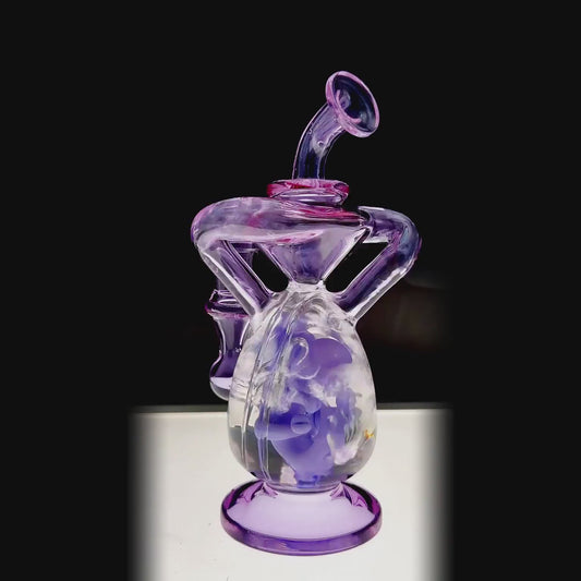 Calibear 7.8 inch heady Dino recycler egg dab rig function video. Features with custom dinosaur percolator, sandblasted egg chamber, and purple glass accents.