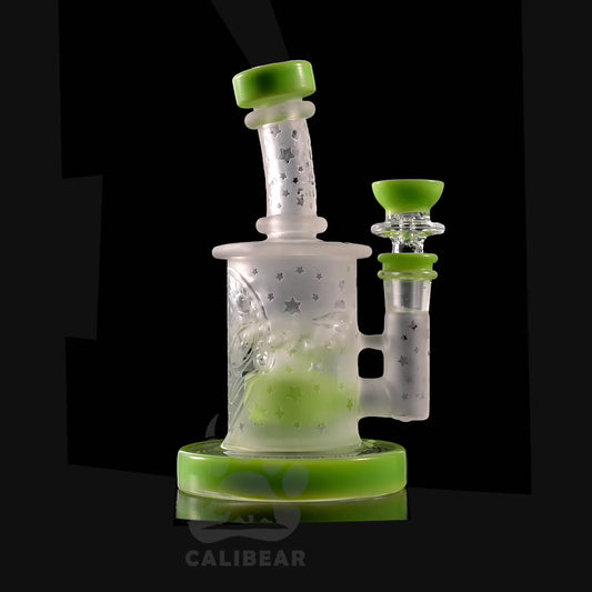 PREMIUM DEEP SANDBLASTED CAN RIG WITH SPACESHIP THEMED DESIGN- Premium borosilicate glass dab rig from Calibear Glass. Ideal for dabbing, providing smooth hits and durability. Shop high-quality dab rigs, water pipes, bongs, erig glasses and glass smoking accessories at Calibear Glass. Elevate your smoking experience with a durable and stylish glass dab rig. Free shipping on all orders