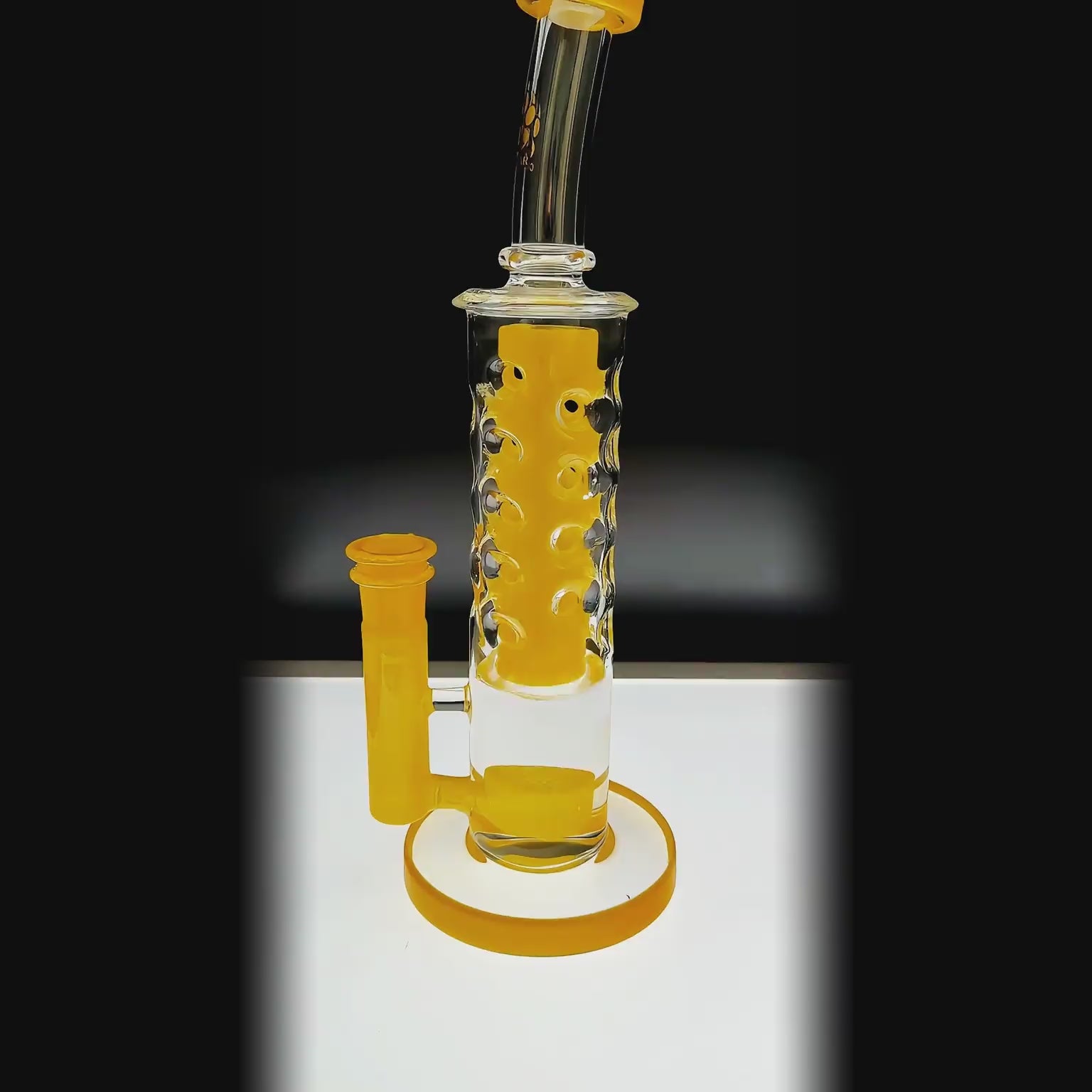 Calibear Flower Straight Fab-V2 water pipe function video, featuring Flower of Life percolator and colored translucent cores in Blue, Purple, Black, Green, Orange, and Yellow.