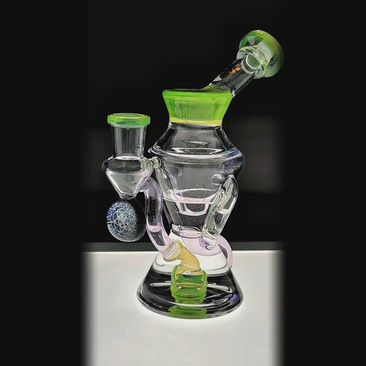 CALIBEAR HOUR GLASS DOUBLE LAYER RECYCLER WITH GILDED TUBES ENCASED WITH MABLE - Premium borosilicate glass dab rig from Calibear Glass. Ideal for dabbing, providing smooth hits and durability. Shop high-quality dab rigs, water pipes, bongs, erig glasses and glass smoking accessories at Calibear Glass. Elevate your smoking experience with a durable and stylish glass dab rig. Free shipping on all orders.