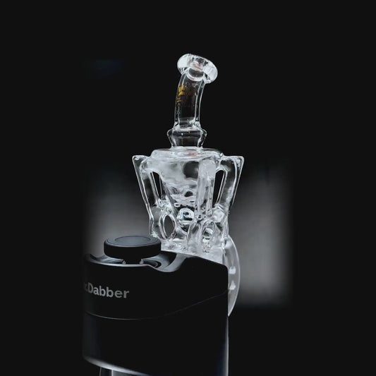 function video of Calibear Quad Recycler Glass Attachment (Clear) with four-arm recycler chamber and internal perc for Dr. Dabber Switch GO