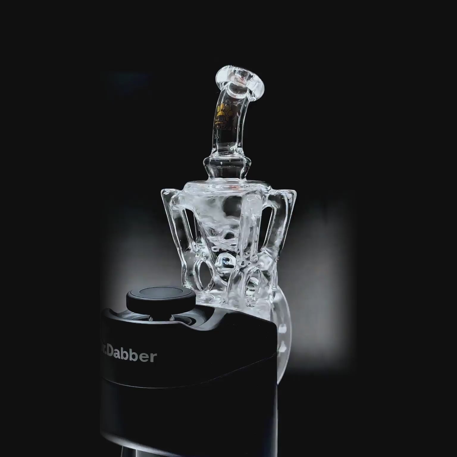 function video of Calibear Quad Recycler Glass Attachment (Clear) with four-arm recycler chamber and internal perc for Dr. Dabber Switch GO