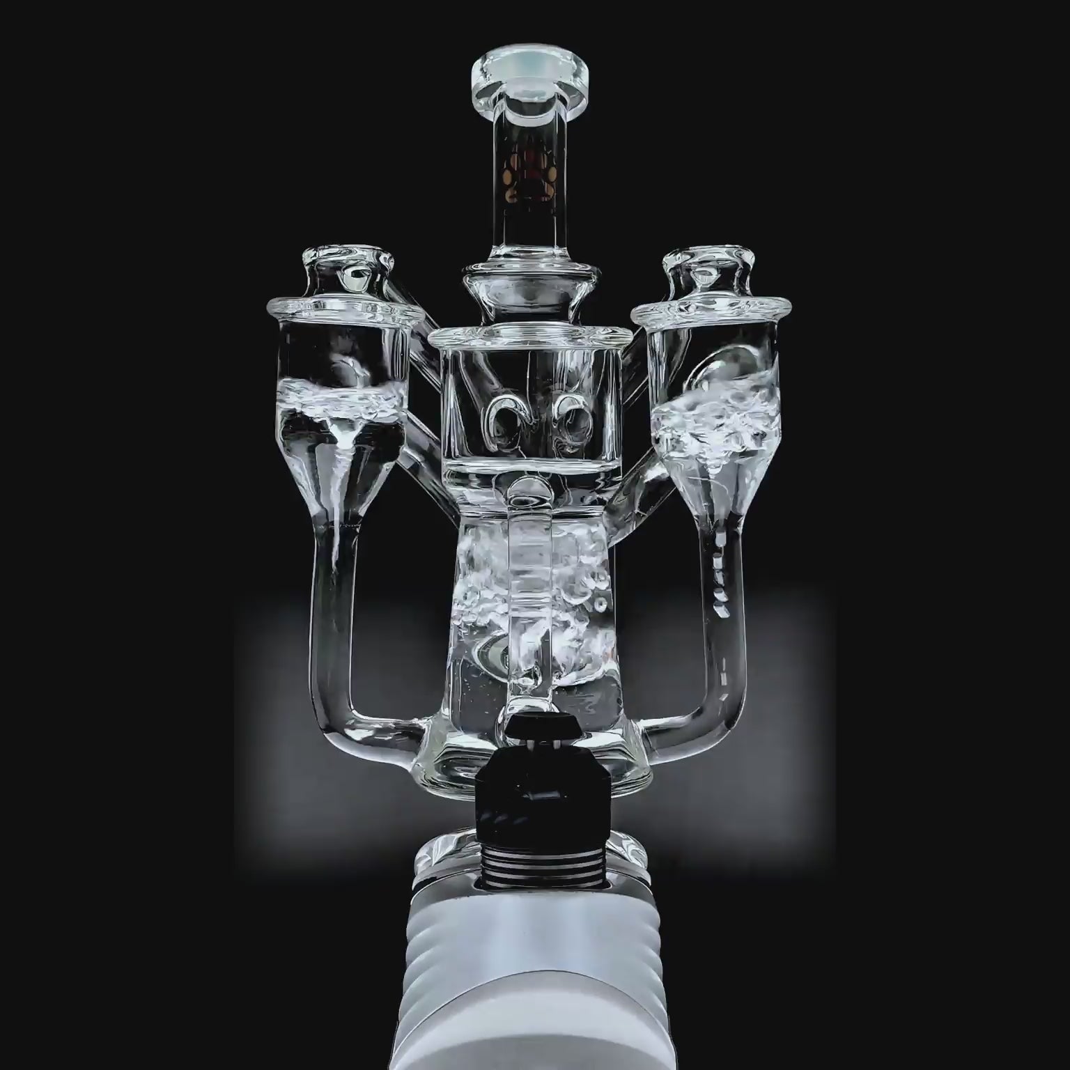 function video of Calibear Dual Chamber Recycler Glass Attachment for Puffco Peak OG and Pro with dual side chambers and clear borosilicate glass