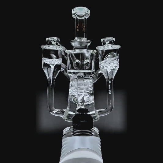 function video of Calibear Dual Chamber Recycler Glass Attachment for Puffco Peak OG and Pro with dual side chambers and clear borosilicate glass