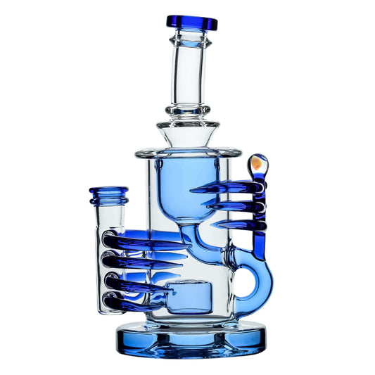 Four CaliBear Horn Klein Recycler Dab Rigs in purple green blue and black transparent glass with intricate horn accents and recycler chambers.