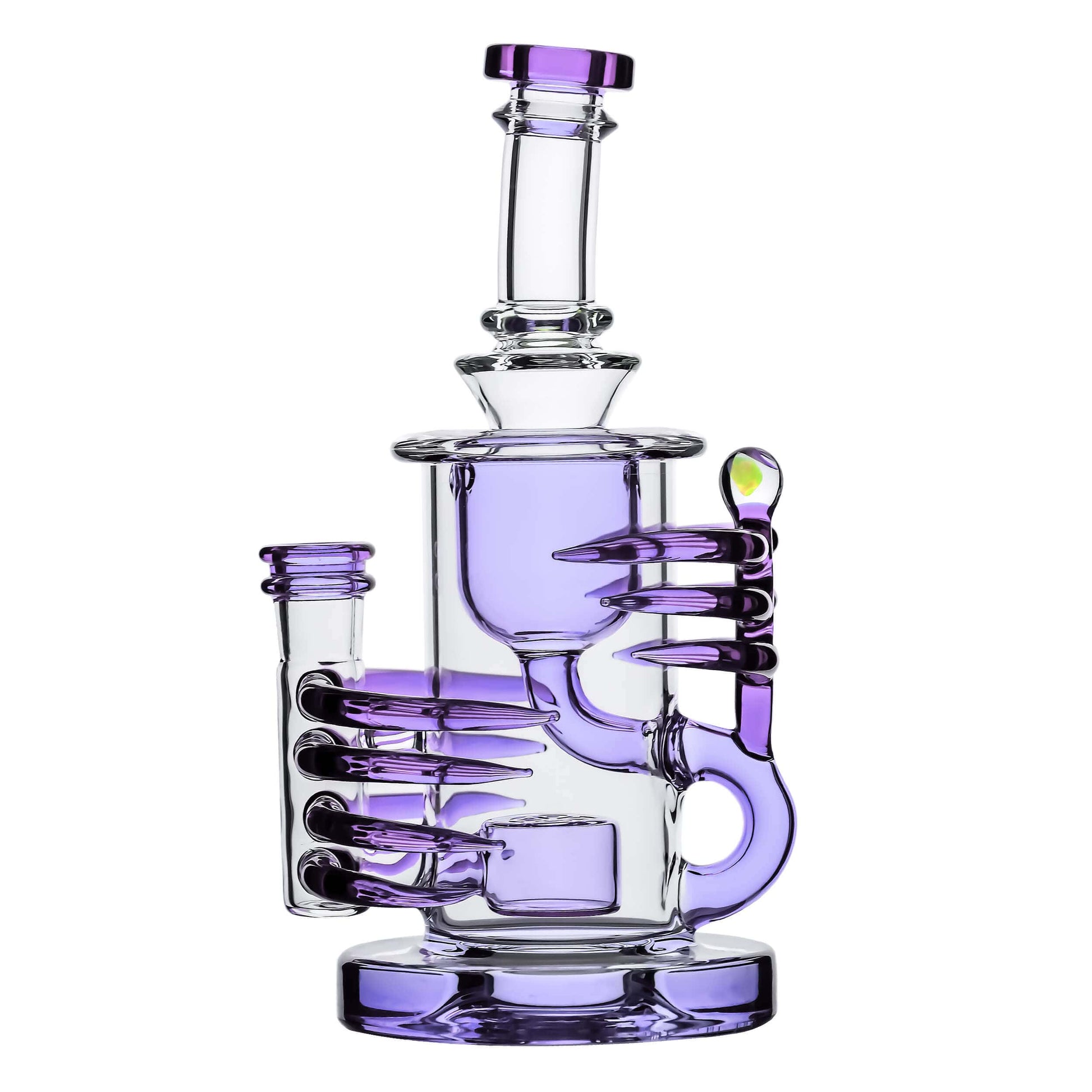Four CaliBear Horn Klein Recycler Dab Rigs in purple green blue and black transparent glass with intricate horn accents and recycler chambers.