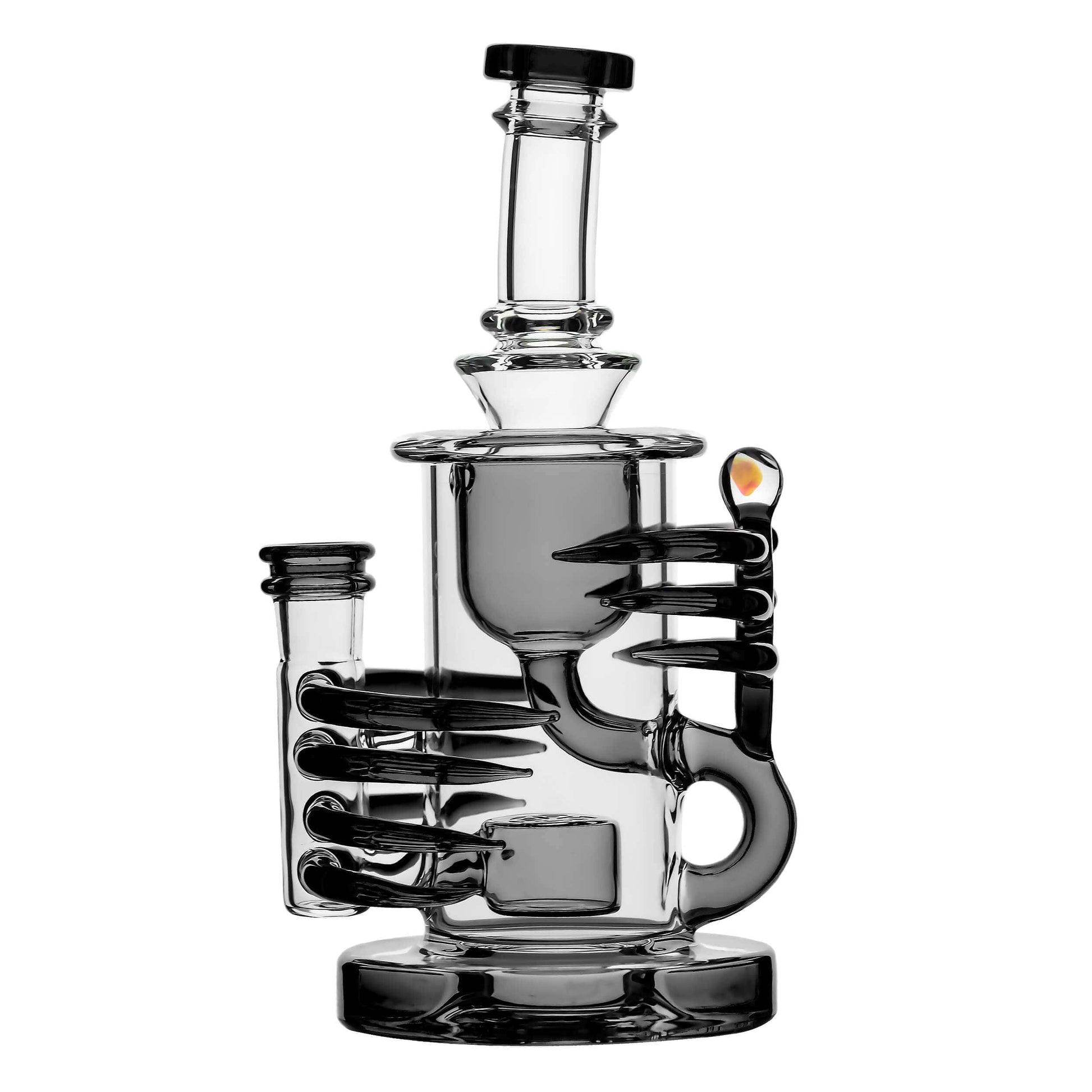 Four CaliBear Horn Klein Recycler Dab Rigs in purple green blue and black transparent glass with intricate horn accents and recycler chambers.