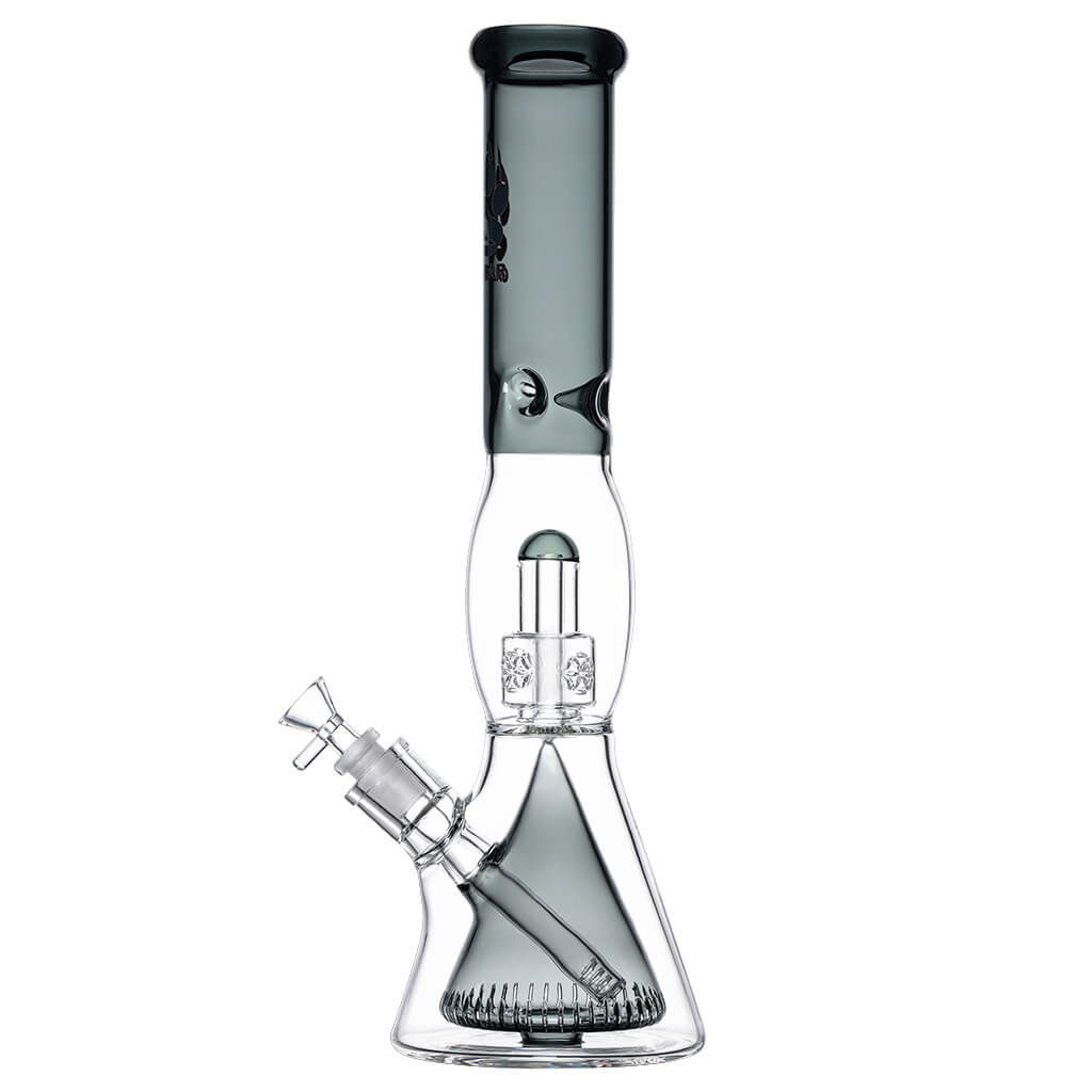 Calibear 16 inch Sol Collins Beaker Bong featuring a Collins downstem percolator, quad Seed of Life (SOL) perc, and smoke-tinted glass accents.